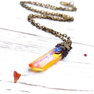 Orange aura quartz crystal necklace